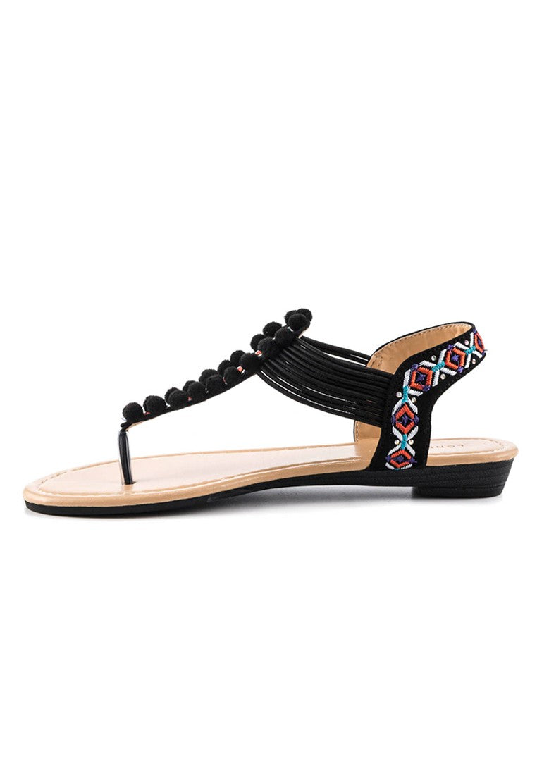 Black Flat Pom-Pom Detail Sandal - Black