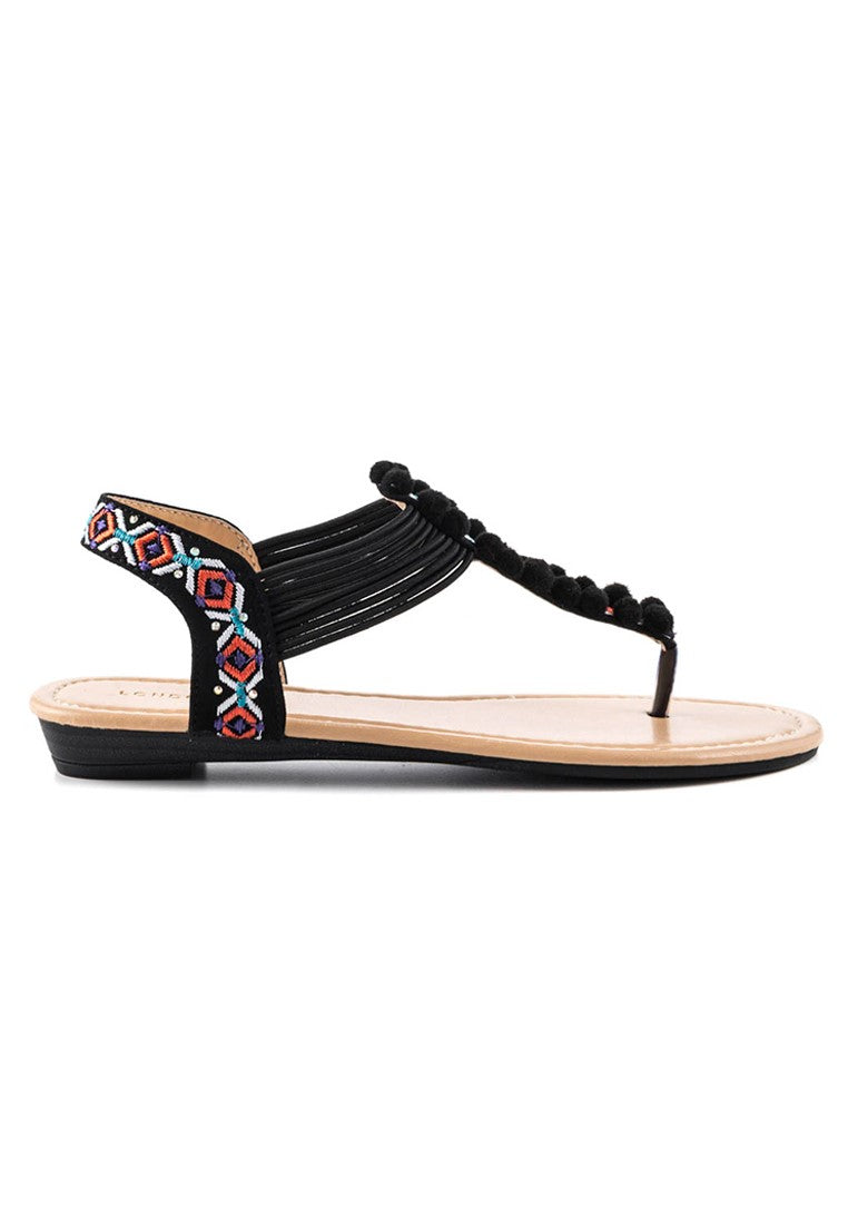 Black Flat Pom-Pom Detail Sandal - Black