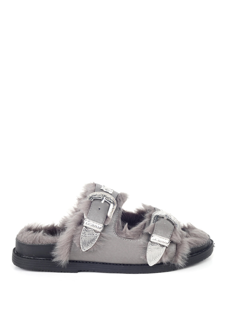 Grey Fur-lined Sandals - Grey