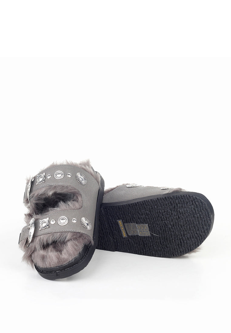 Grey Fur-lined Sandals - Grey