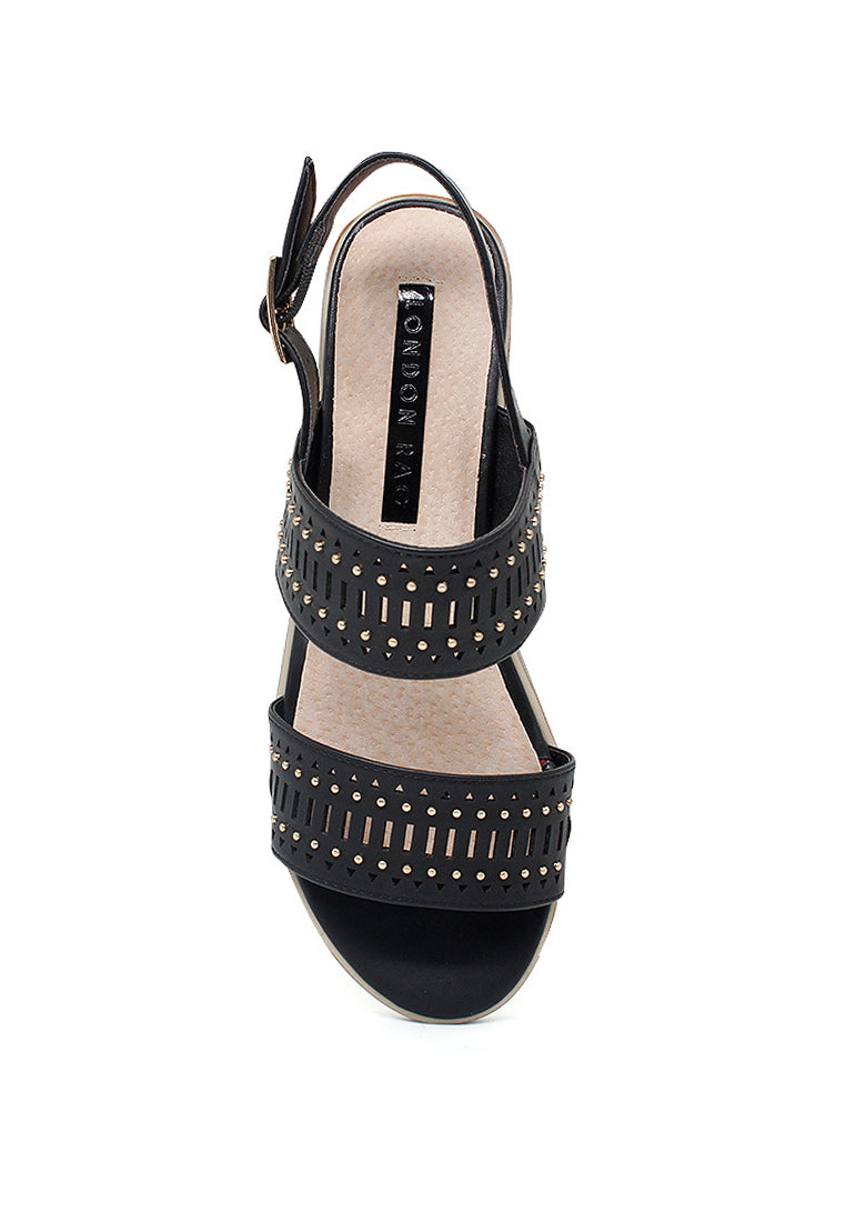 Black Ankle Strap Laser Cut Sandals - Black