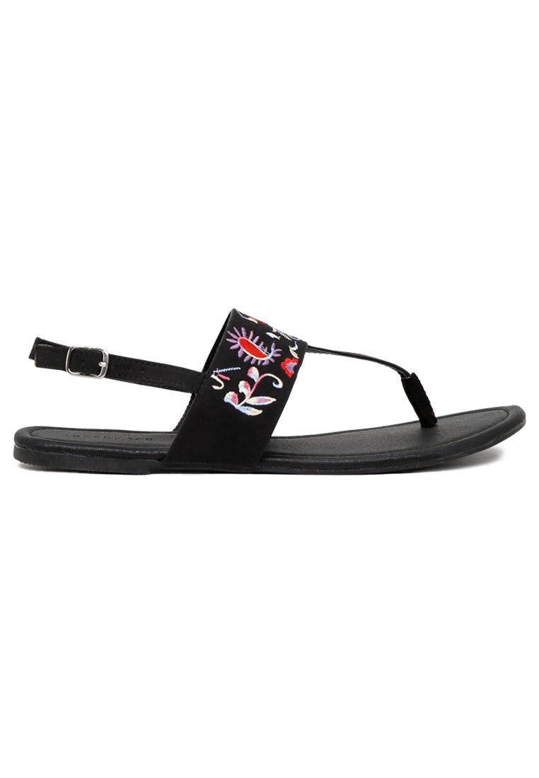 Black Printed Flat Sandals - Black