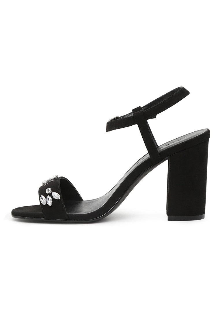 Black Embellished Ankle Strap Peep Toe Sandals - Black