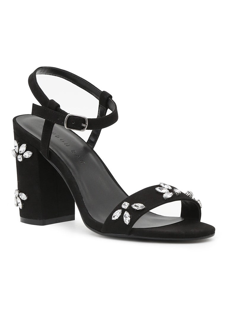 Black Embellished Ankle Strap Peep Toe Sandals - Black