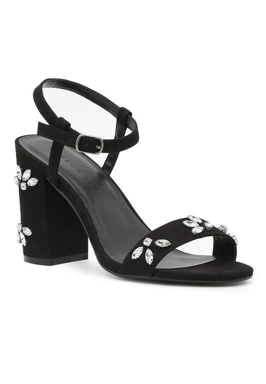 Black Embellished Ankle Strap Peep Toe Sandals - Black