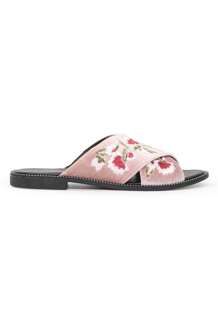 Blush Cross Strap Flat Embroidered Sandal - Blush