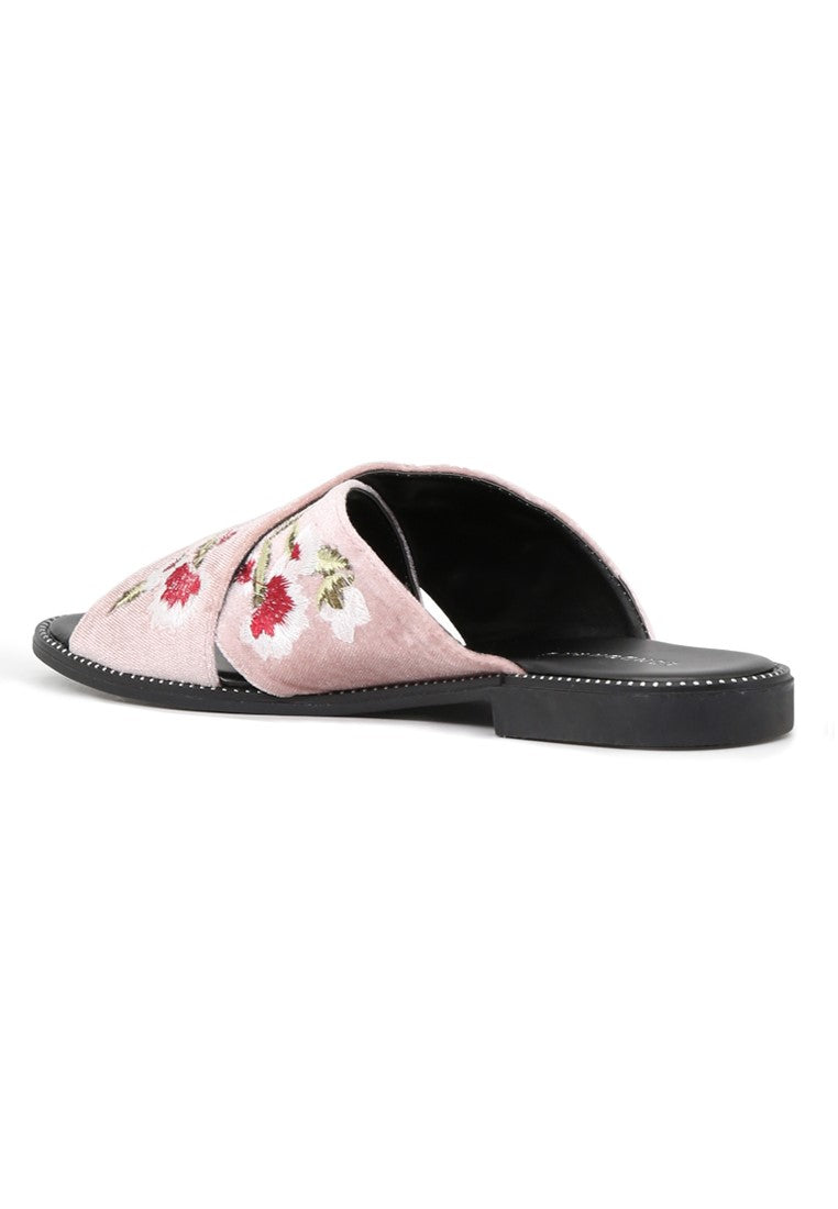 Blush Cross Strap Flat Embroidered Sandal - Blush