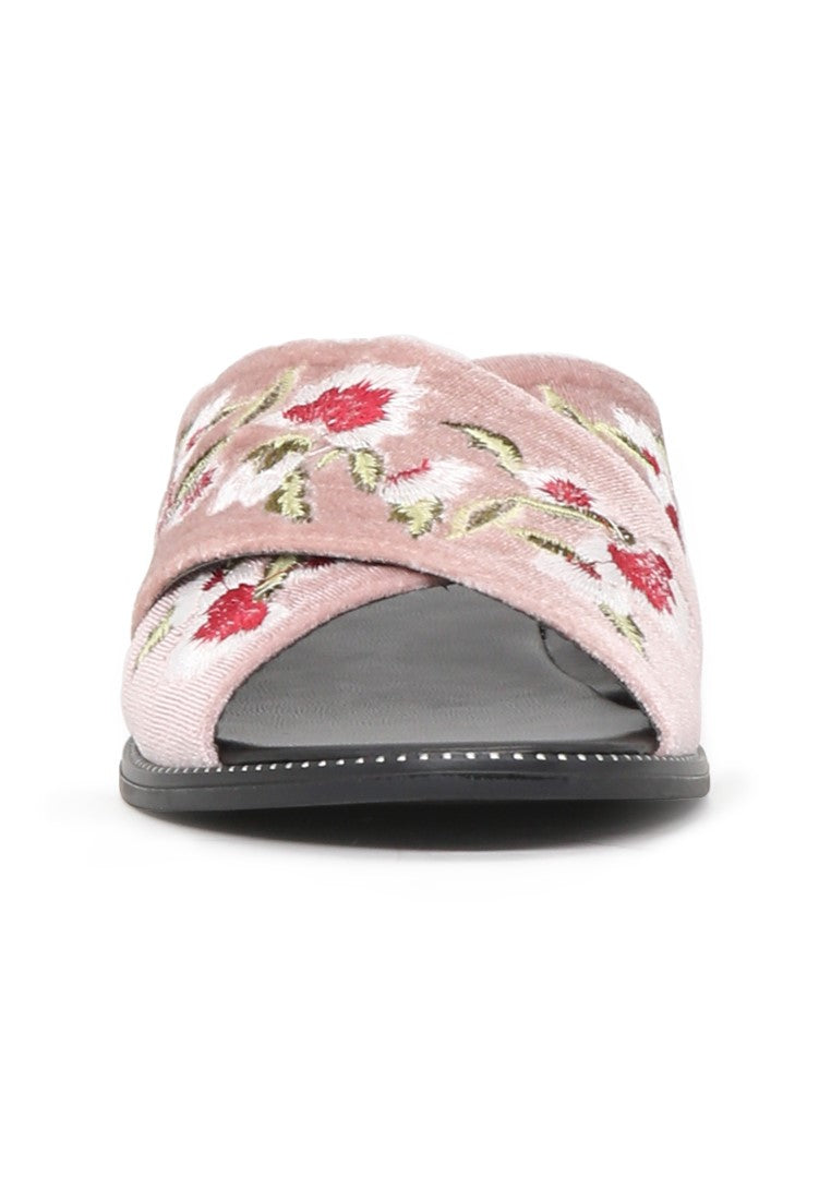 Blush Cross Strap Flat Embroidered Sandal - Blush