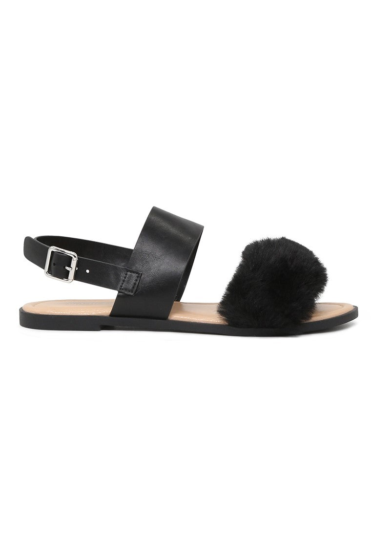 Black Fur Double Strap Slingback Flat Sandals - Black
