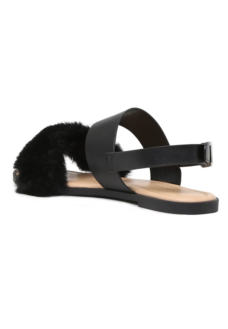 Black Fur Double Strap Slingback Flat Sandals - Black