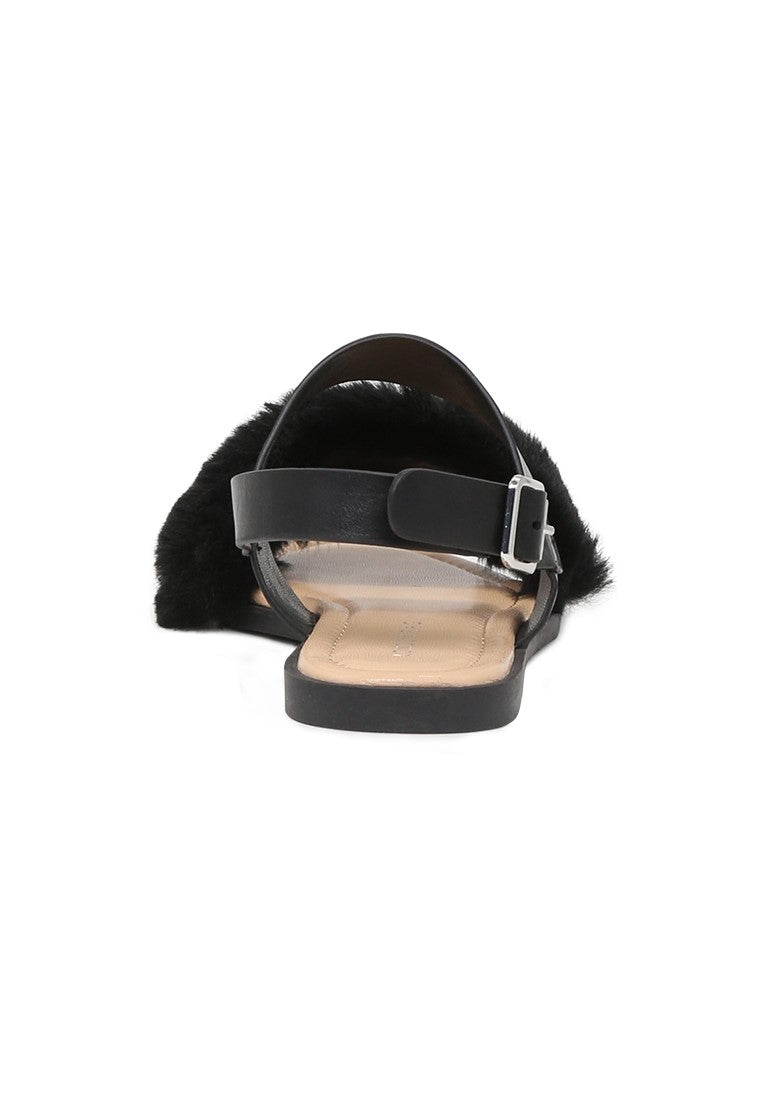 Black Fur Double Strap Slingback Flat Sandals - Black