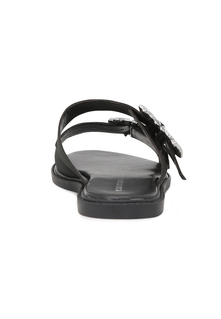 Black Double Strap Flat Sandals - Black