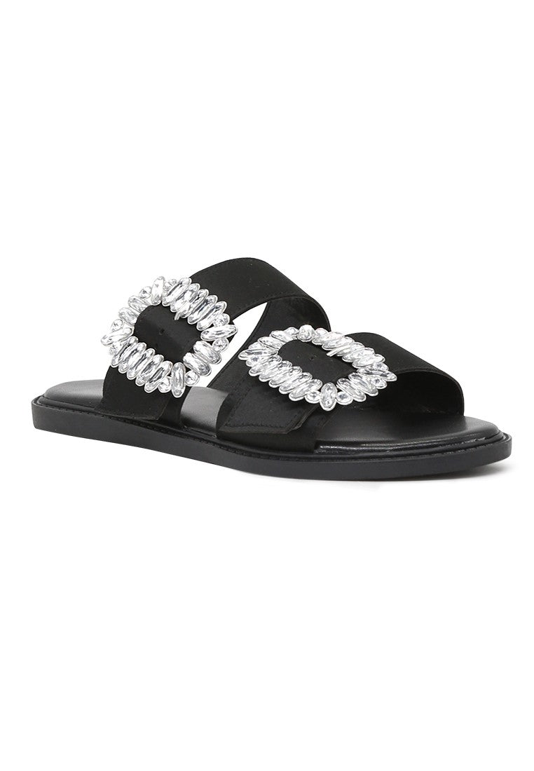 Black Double Strap Flat Sandals - Black