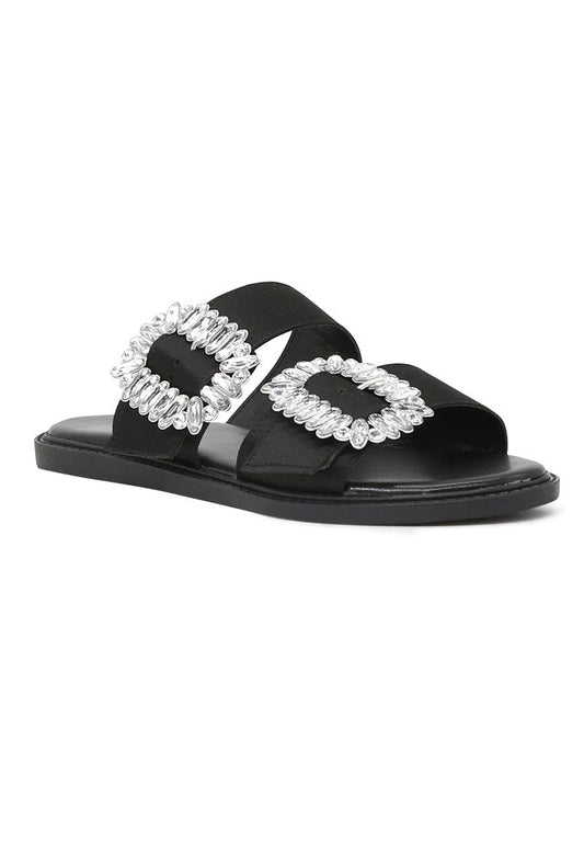 Black Double Strap Flat Sandals - Black