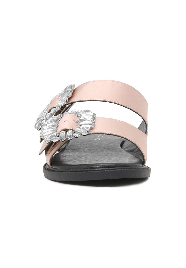 Pink Double Strap Flat Satin Sandal - Pink