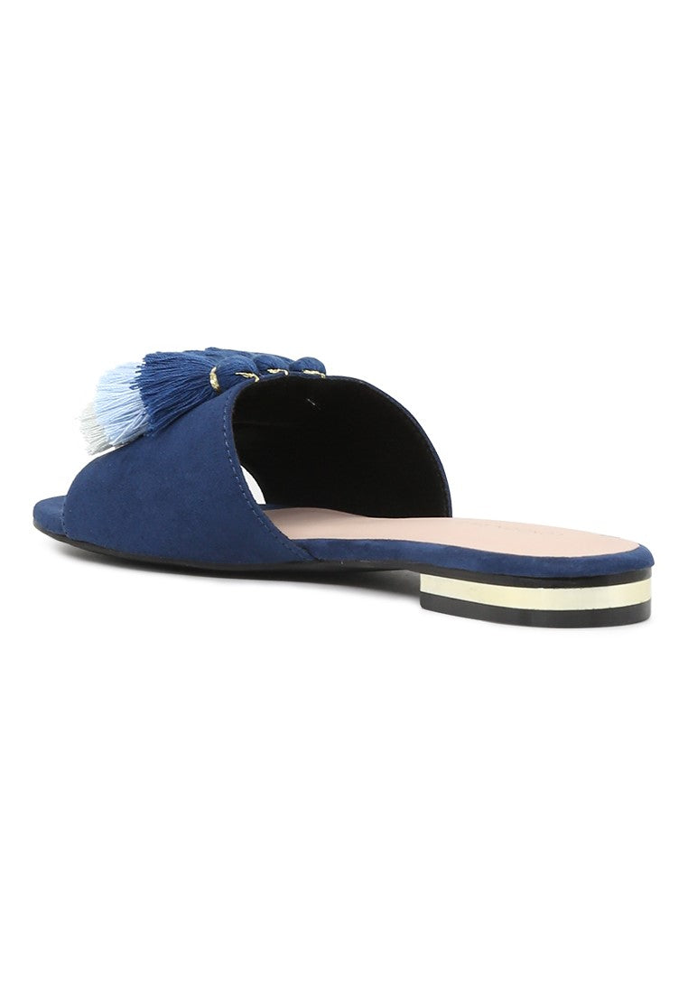 Blue Flat Sandal with Tassels - Blue