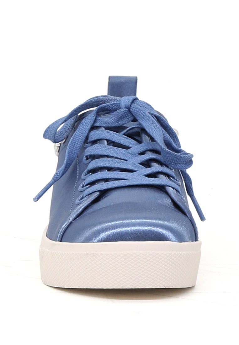Shawna Blue Metallic Pearl Lace Up Sneakers - Blue
