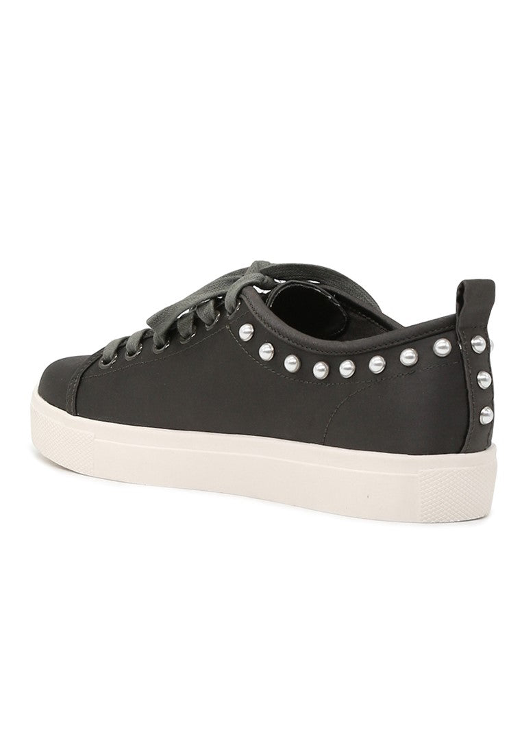 Shawna Grey Metallic Pearl Lace Up Sneakers - Grey