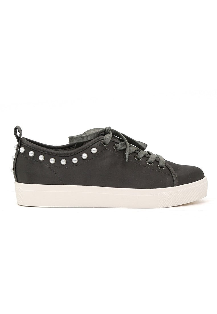 Shawna Grey Metallic Pearl Lace Up Sneakers - Grey