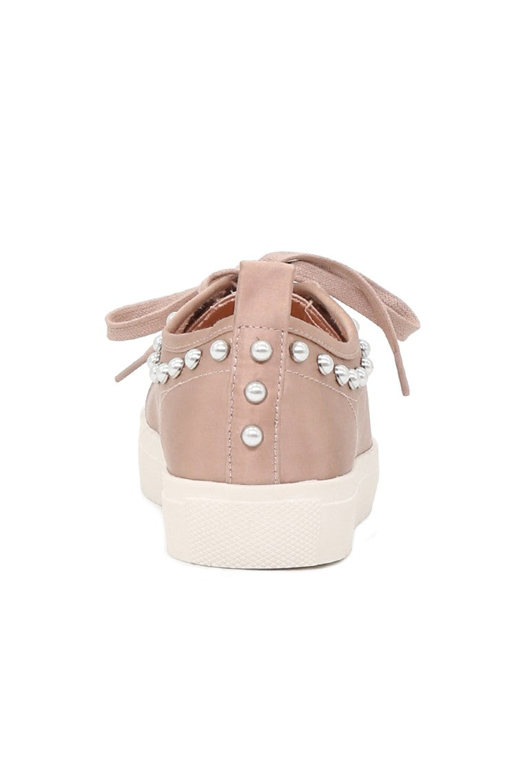 Shawna Blush Metallic Pearl Lace Up Sneakers - Blush