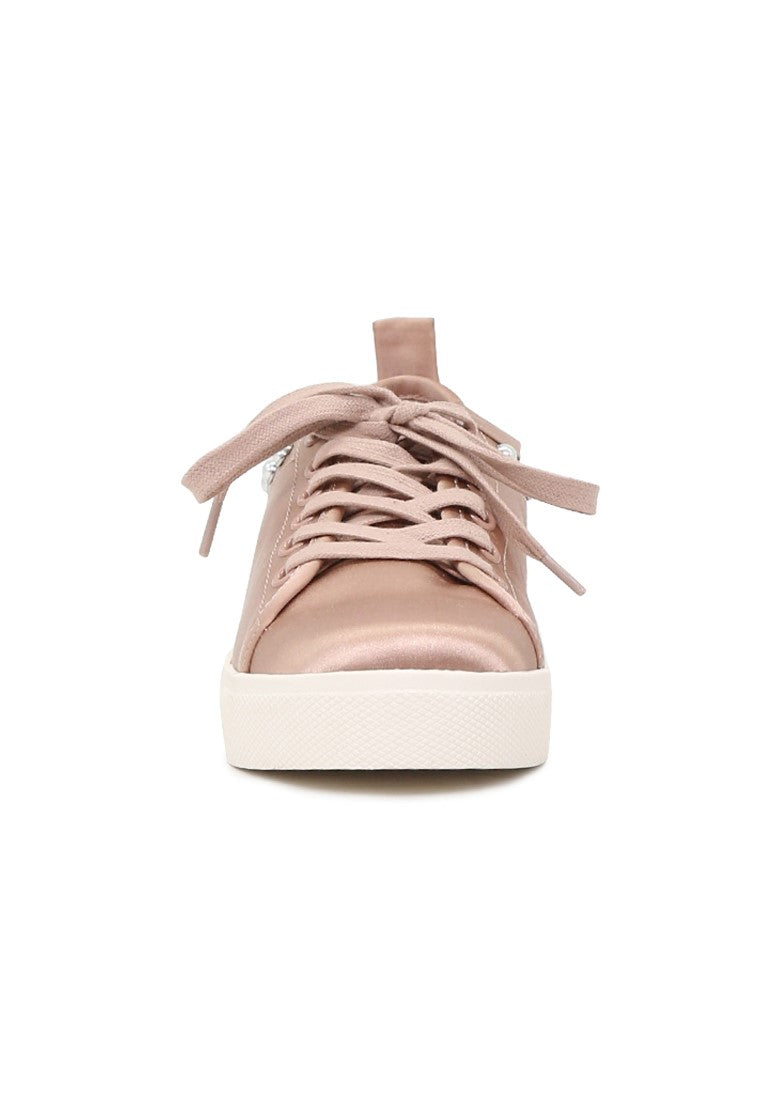 Shawna Blush Metallic Pearl Lace Up Sneakers - Blush