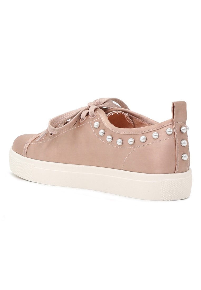 Shawna Blush Metallic Pearl Lace Up Sneakers - Blush