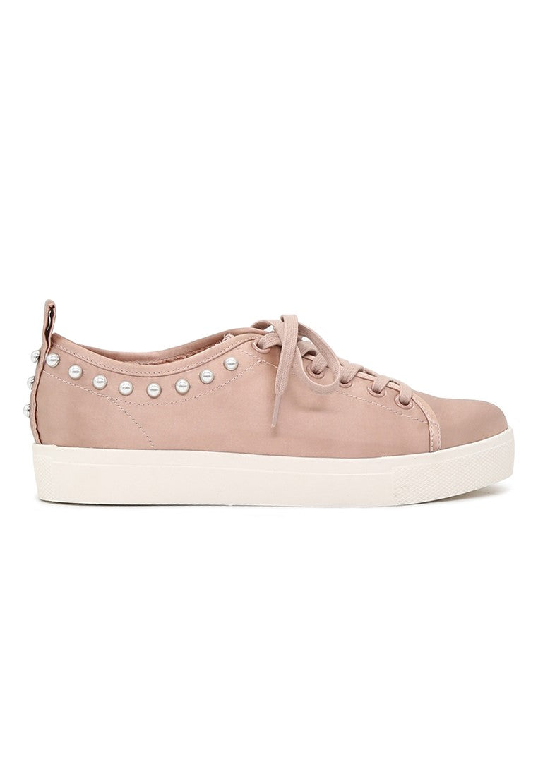 Shawna Blush Metallic Pearl Lace Up Sneakers - Blush