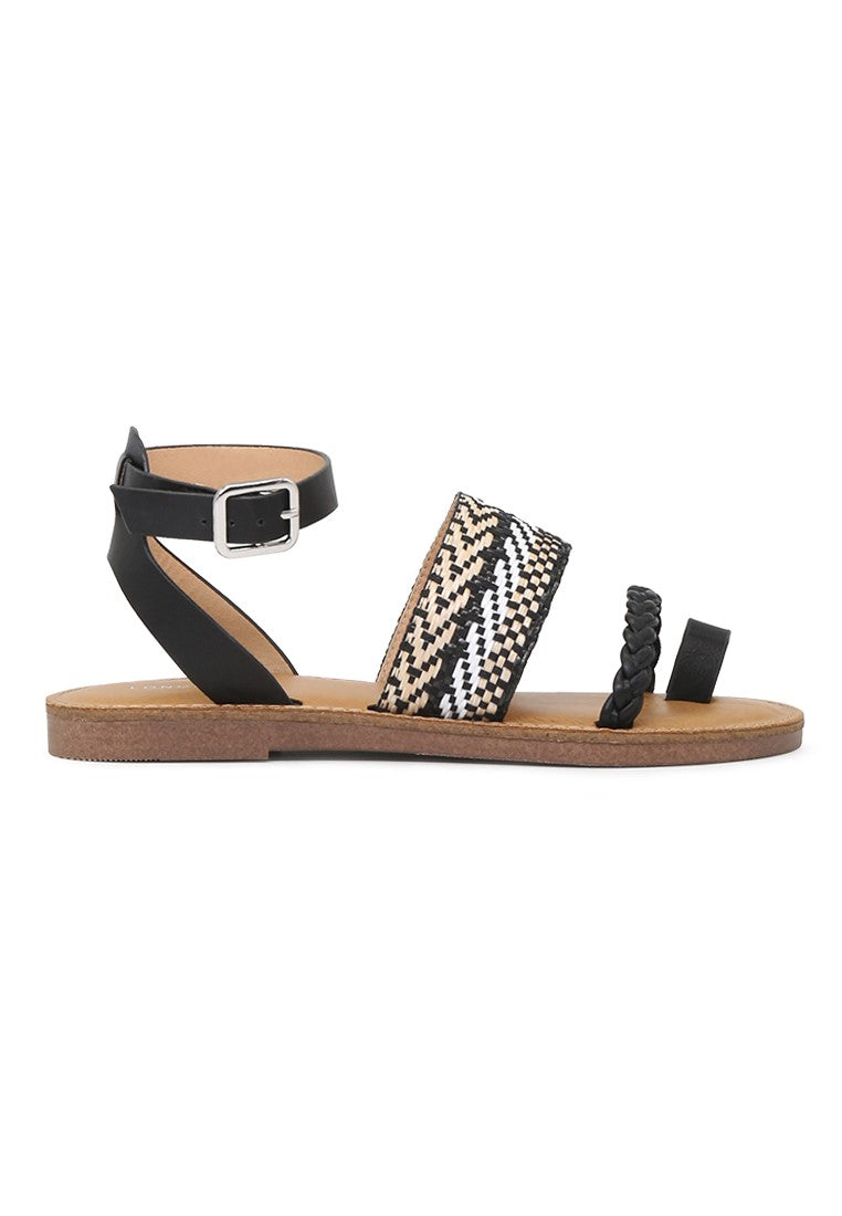Black Florence Ankle Strap Flat Sandals - Black