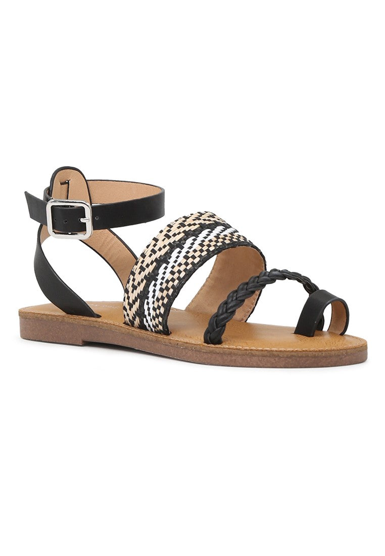 Black Florence Ankle Strap Flat Sandals - Black
