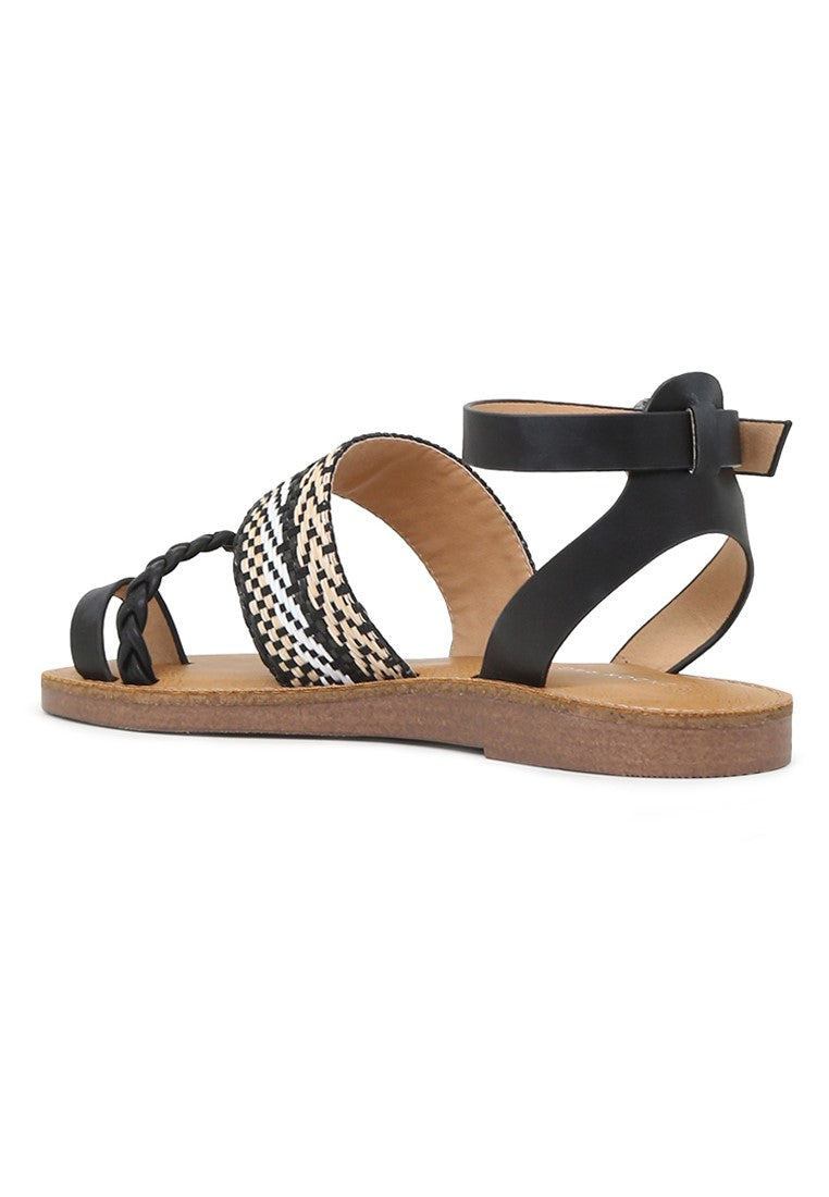 Black Florence Ankle Strap Flat Sandals - Black