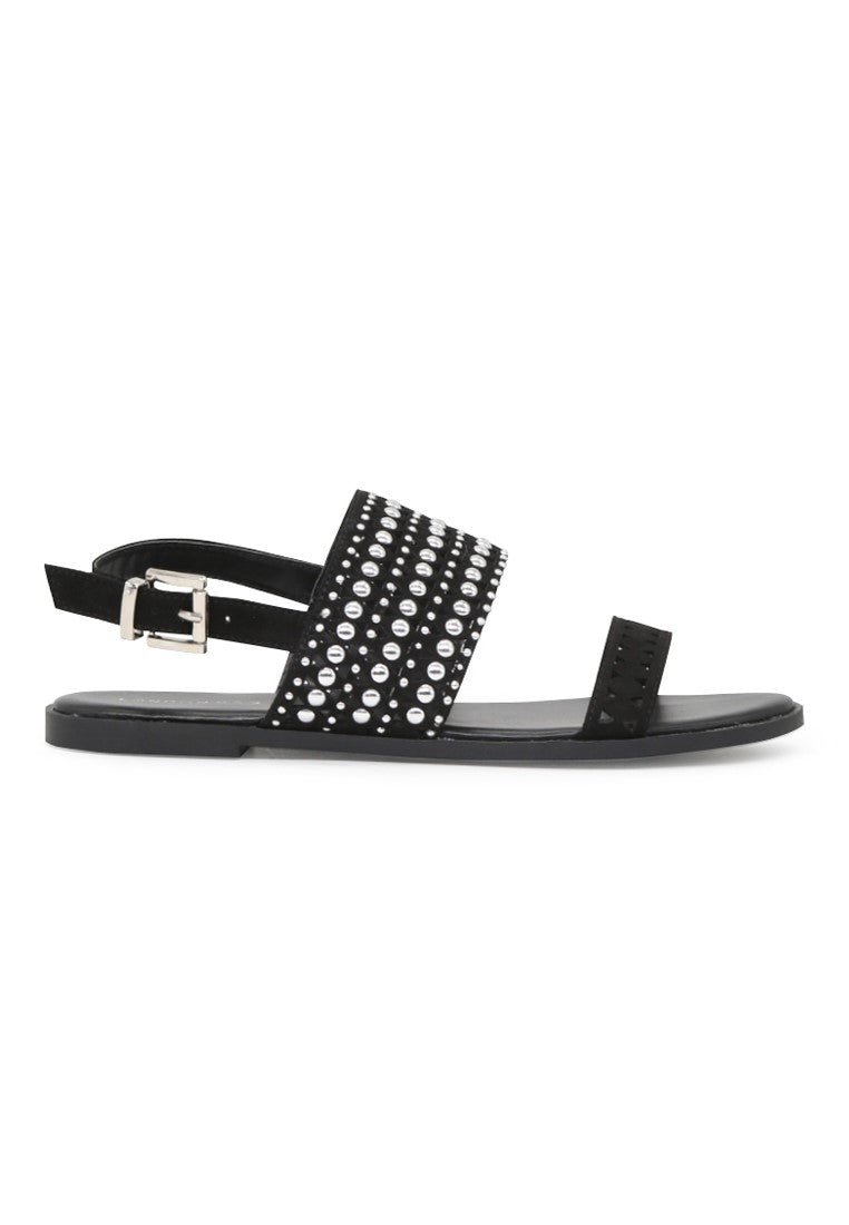 Black Florence Studded Flat Sandals - Black