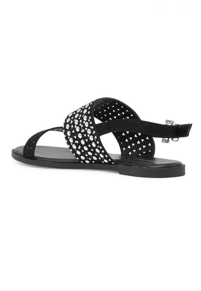 Black Florence Studded Flat Sandals - Black