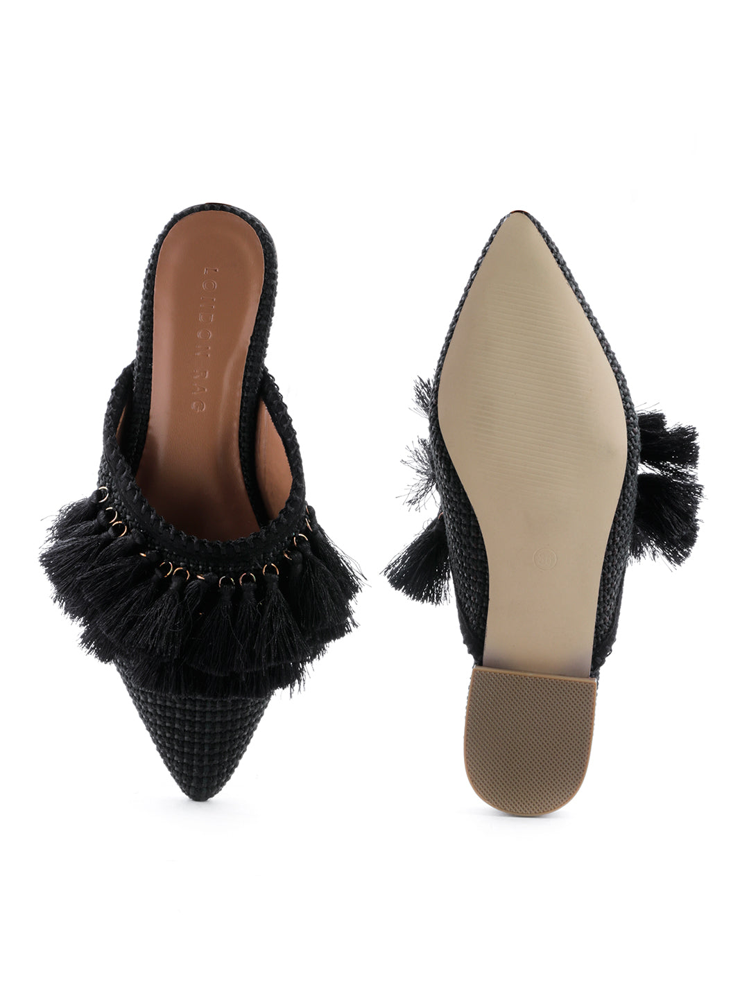 Black Tassel Flat Mules - Black