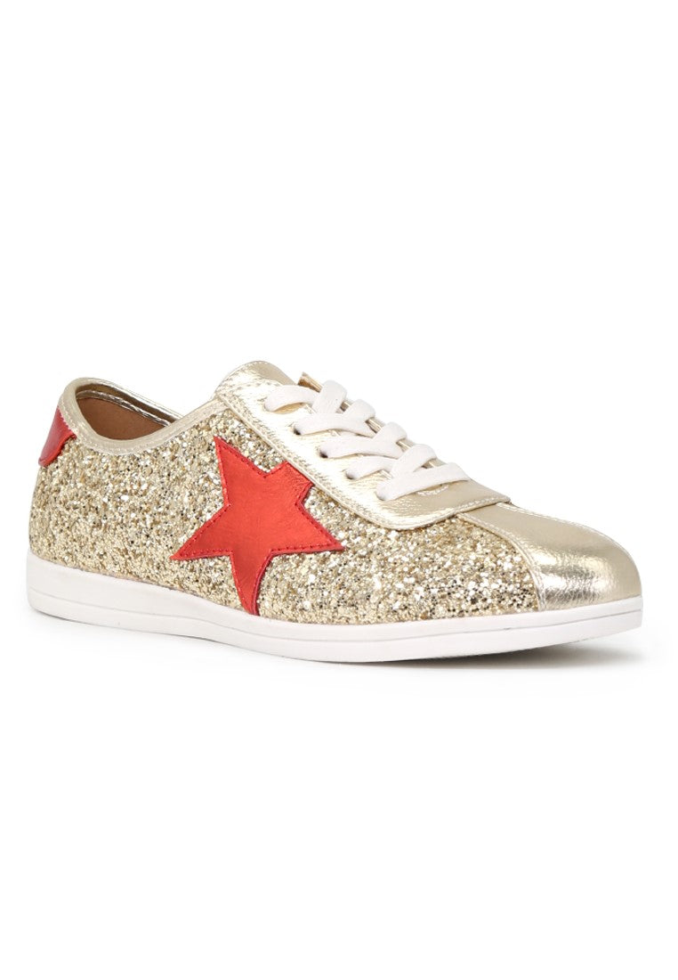 Gold Star Glitter Lace-Up Sneakers - Gold