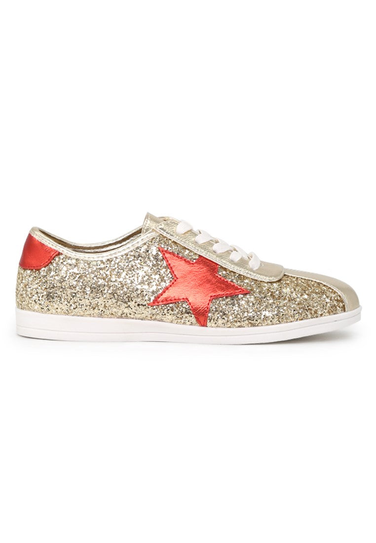 Gold Star Glitter Lace-Up Sneakers - Gold