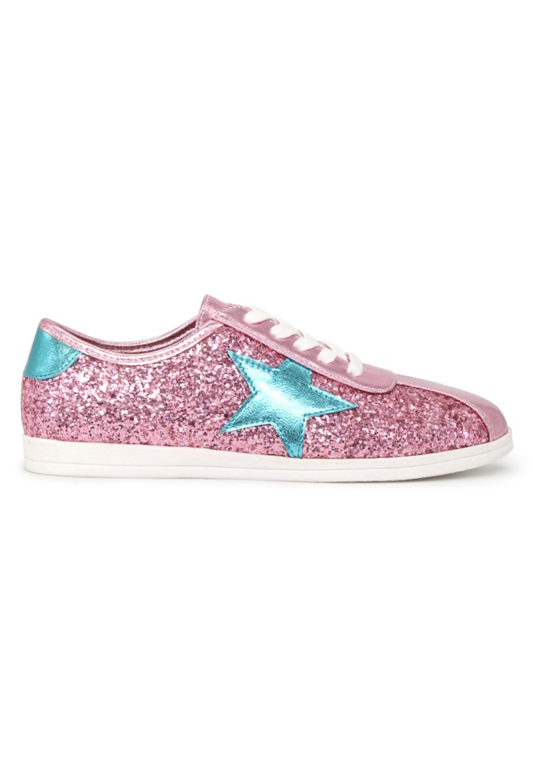 Pink Star Glitter Lace-Up Sneakers - Pink