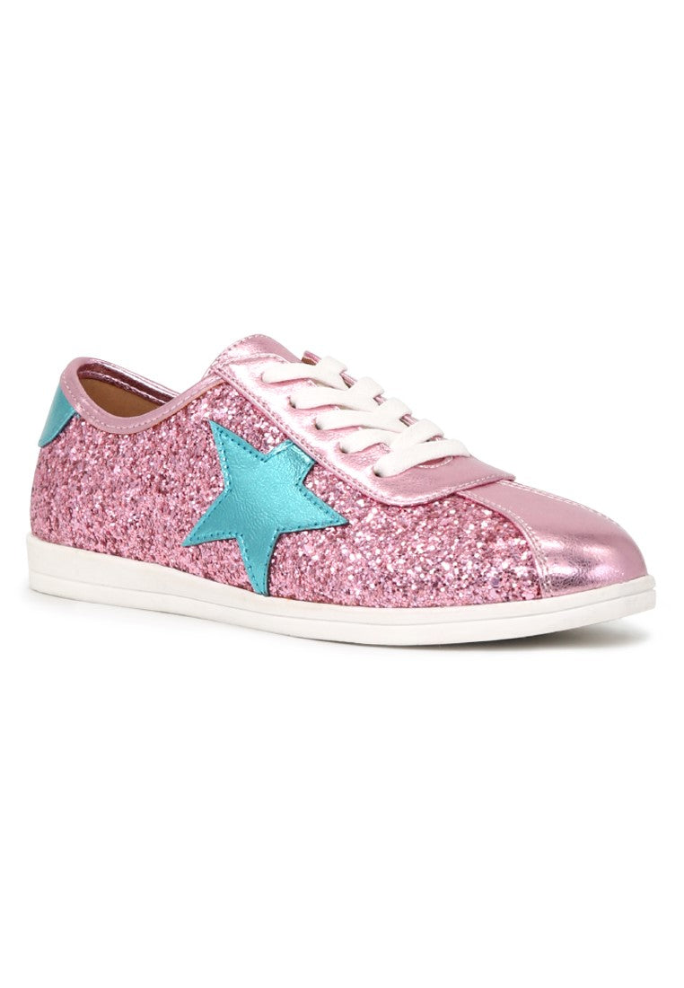 Pink Star Glitter Lace-Up Sneakers - Pink