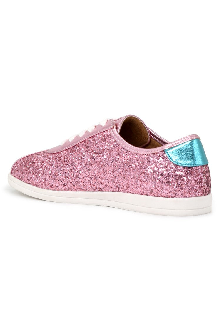 Pink Star Glitter Lace-Up Sneakers - Pink