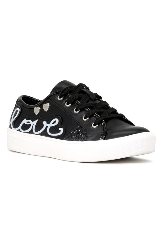 Black Love Print Lace-Up Sneakers - Black