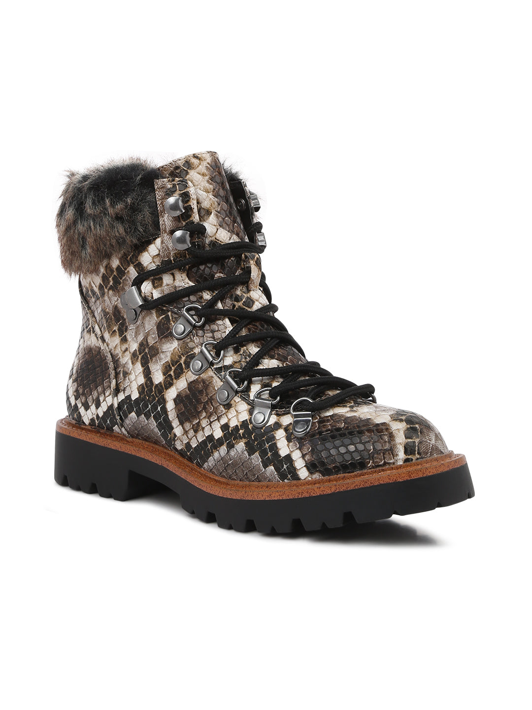 Snake Print Faux Fur Cuff Boots - Grey