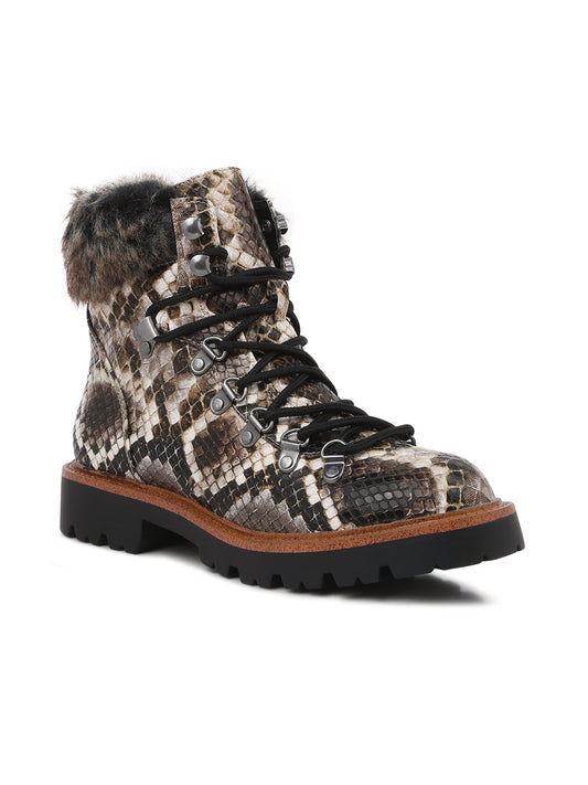 Snake Print Faux Fur Cuff Boots - Grey