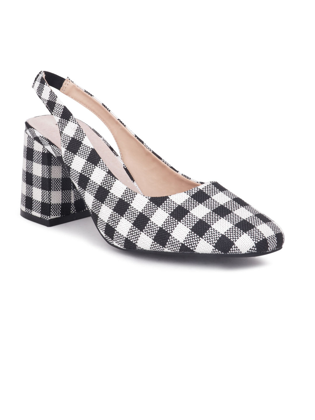 Gingham Check Heeled Slingback - Black