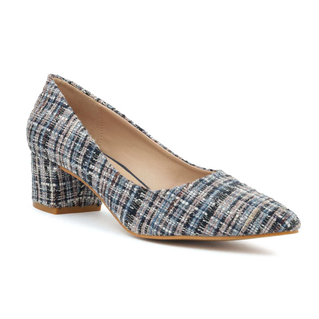 Blue Textile Block Heel Shoe - Blue
