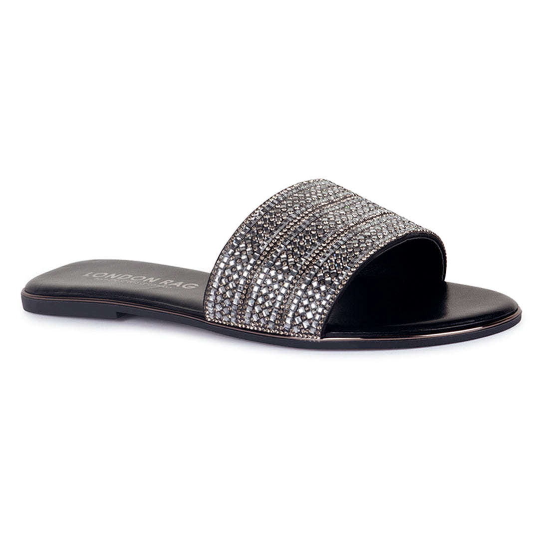 Silver Embellished Casual Slides in Black - Black