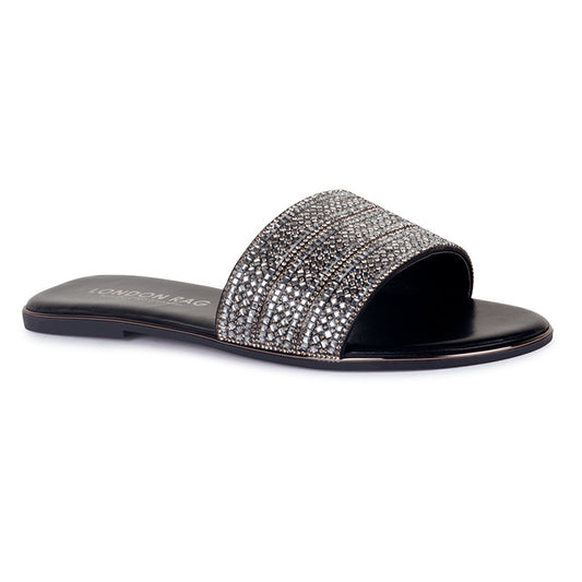 Silver Embellished Casual Slides in Black - Black