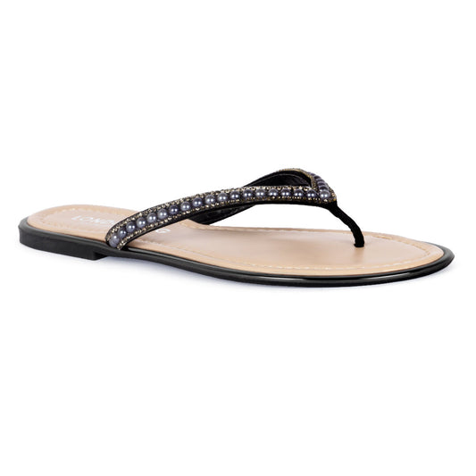 Beaded Strap Thong Flats in Black - Black