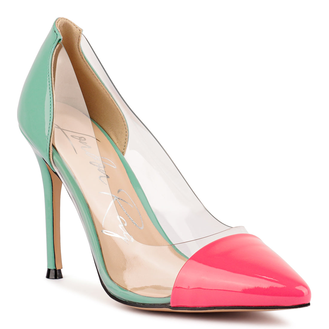 Green Pink Candace Clear Stiletto Pumps
