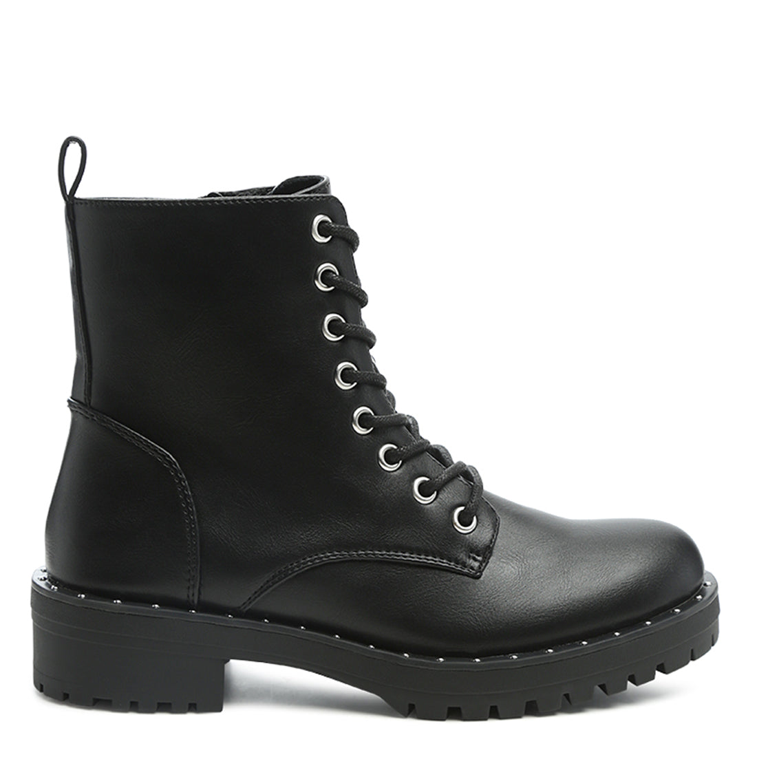 Black Stud Lined Lace-Up Biker Boot - UK5