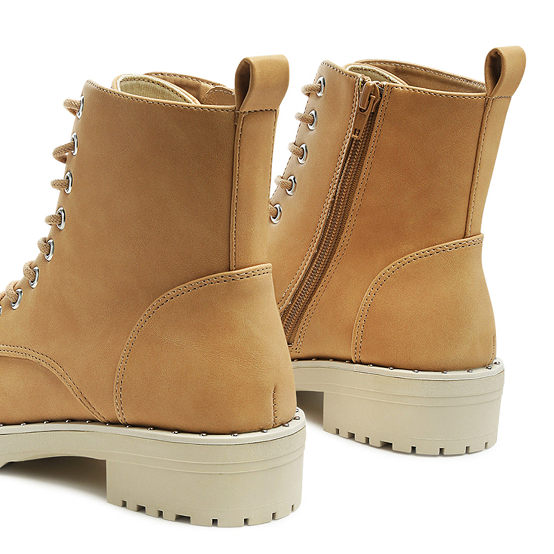 Camel Stud Lined Lace-Up Biker Boot - UK4