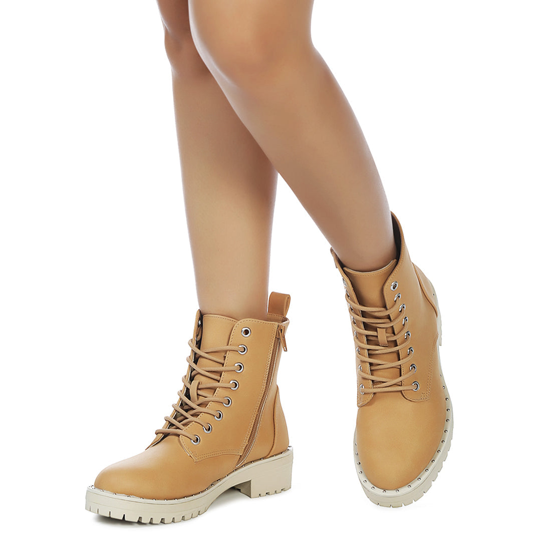 Camel Stud Lined Lace-Up Biker Boot - UK6